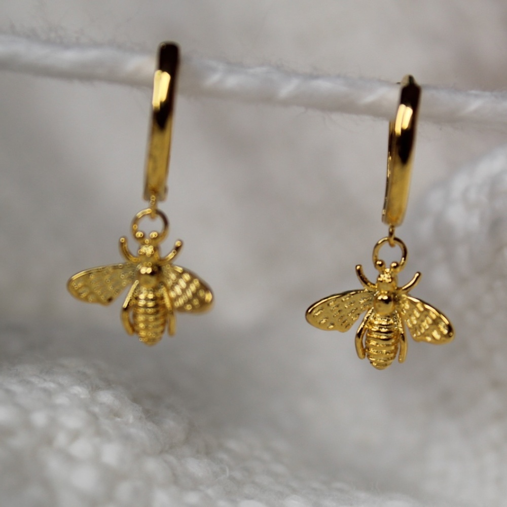 Sterling Silver Gold Huggie Hoop Bee Earrings